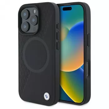 BMW Sign Leather Half Textured Hard Case with Circle MagSafe for Apple iPhone 16 Pro Max 6.9 inch Black