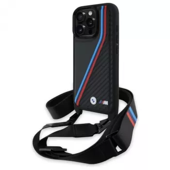 BMW M Edition Carbon Tricolour Lines & Strap Hard Case for iPhone 16 Pro 6.3 Black