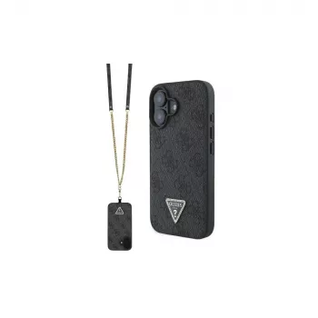 Guess GUHCP16SP4TDSCPK iPhone 16 Hard Case Leather Metal Logo Rhinestone Crossbody Black