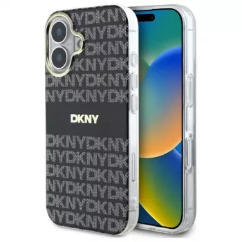 DKNY DKHMP16SHRHSEK Hard Case for Apple iPhone 16 6.1 inch - Black with Repeat Texture Pattern and Stripes