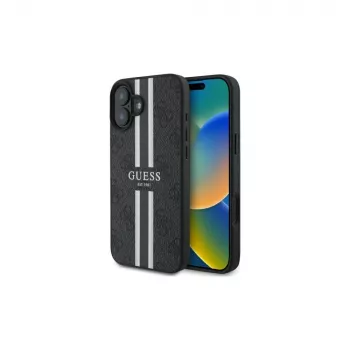 Guess GUHMP16SP4RPSK iPhone 16 6.1 inch Hard Case Black 4G Printed Stripes MagSafe