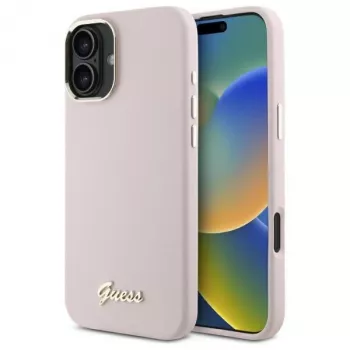 Guess GUHCP16SSMBSLP iPhone 16 6.1 inch Pink Silicone Hard Case with Script Metal Logo and Frame