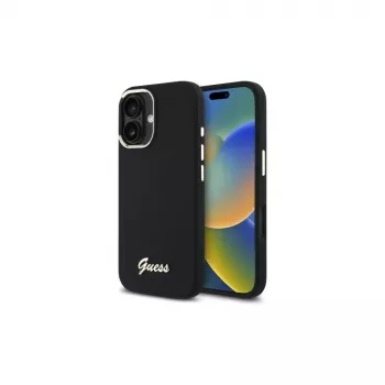 Guess GUHCP16SSMBSLK iPhone 16 6.1 inch Black Silicone Case with Metal Script Logo and Frame