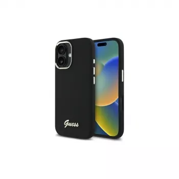 Guess GUHCP16MSMBSLK Silicone Script Metal Logo & Frame Hard Case for Apple iPhone 16 Plus 6.7 inch - Black