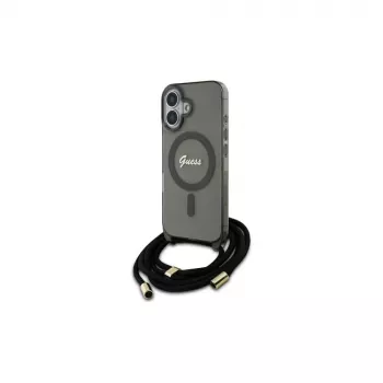 Guess GUHMP16SHCTSGNSK iPhone 16 6.1 inch Hard Case Black with Crossbody Cord and Script Logo, MagSafe-compatible