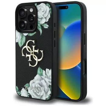 Guess Grained Roses Big 4G Logo Case for Apple iPhone 16 Pro, Black