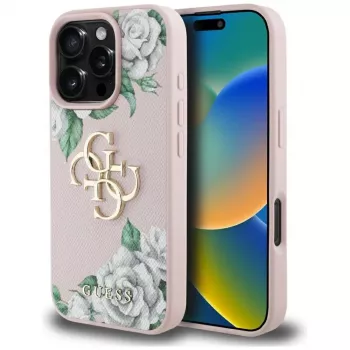 Guess Grained Roses Big 4G Logo Case for iPhone 16 Pro Max - Pink