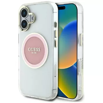 Guess IML Metal Coloured Circle Classic Logo MagSafe Case for iPhone 16 (Pink)