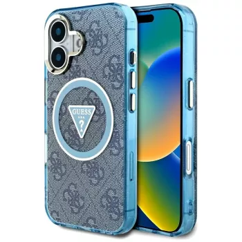 Guess IML Metal Glitter 4G Circle Triangle MagSafe Case for iPhone 16 (Blue)