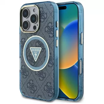 Guess IML Metal Glitter 4G Circle Triangle MagSafe Case for iPhone 16 Pro Max (Blue)