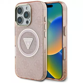 Guess IML Metal Glitter 4G Circle Triangle MagSafe Case for Apple iPhone 16 Pro Max (Pink)