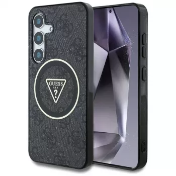 Guess 4G Glitter Triangle Buttons MagSafe Case for Samsung Galaxy S25, black