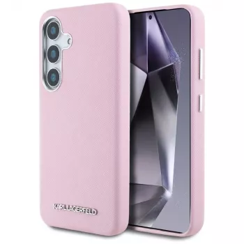 Karl Lagerfeld Saffiano FullWrapped Elongated Metal Logo MagSafe Case for Samsung Galaxy S25, Pink