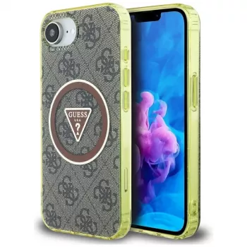 Guess IML Metal Glitter 4G Circle Triangle MagSafe Case for Apple iPhone 16e (Brown)