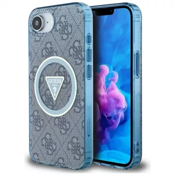 Guess IML Metal Glitter 4G Circle Triangle MagSafe Case for iPhone 16e (Blue)