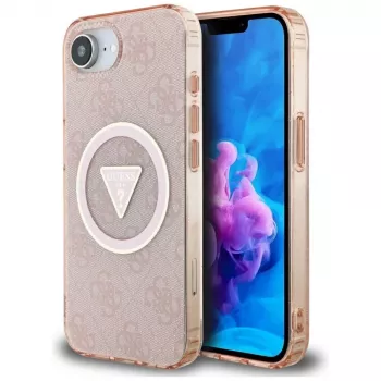 Guess IML Metal Glitter 4G Circle Triangle MagSafe Case for Apple iPhone 16e (Pink)