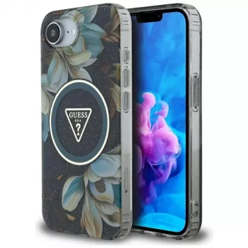 Guess IML Metal Glitter Flowers Triangle MagSafe Case for Apple iPhone 16e (Black)