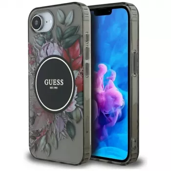 Guess IML Flowers MagSafe Case for iPhone 16e (Black)