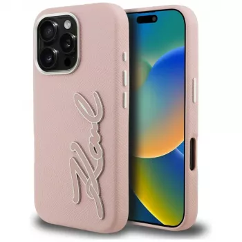 KARL LAGERFELD FW Grained Signature Logo Hard Case for iPhone 16 Pro, Pink