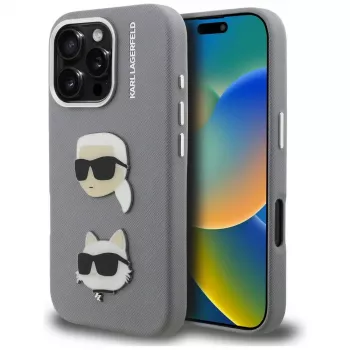 KARL LAGERFELD FW Grained Karl & Choupette Heads Pins Case for iPhone 16 Pro Max, Grey