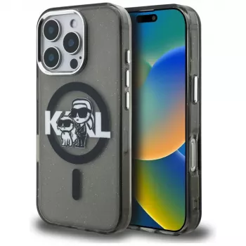 Karl Lagerfeld IML Glitter Karl & Choupette Sketch Logo MagSafe Case for iPhone 16 Pro, Black