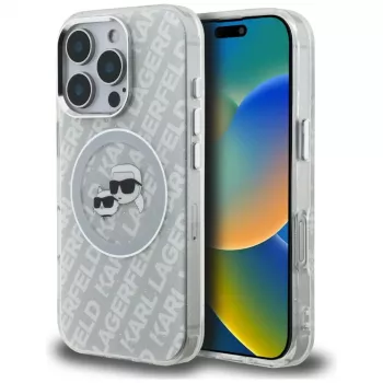 KARL LAGERFELD IML Glitter Karl & Choupette Heads Logo MagSafe Case for iPhone 16 Pro, Grey