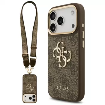 Guess 4G Big Classic Logo Big Strap Metal Buttons Case for Apple iPhone 17 Pro, Brown