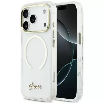 Guess IML Script Metal MagSafe Case for iPhone 17 Pro, transparent