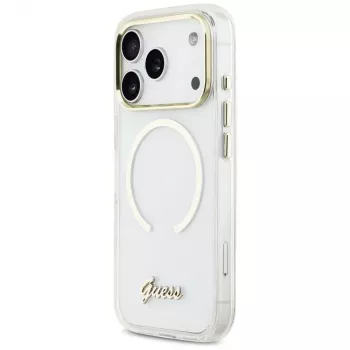 Guess IML Script Metal MagSafe Case for iPhone 17 Pro, transparent