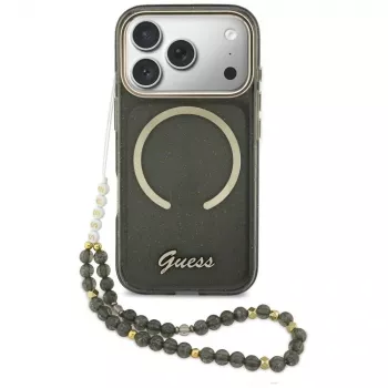 Guess IML Glitters Script Strap MagSafe Case for iPhone 17 Pro, Black