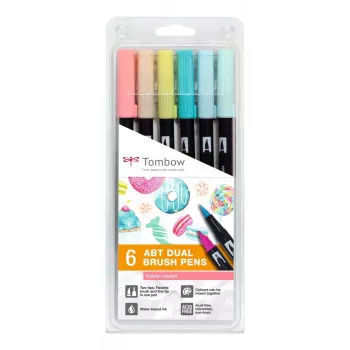 Tombow ABT-6P-4 Dual Brush Pen Set - 6 Pens - Fine & Brush Tip - Multi-Colour - Round