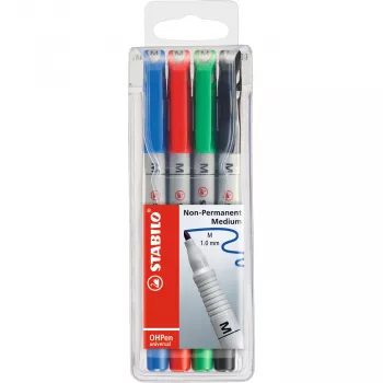 STABILO OHPen - 4 Pieces - Black - Blue - Green - Red - Round - Medium - 1 mm - Water-Based Ink