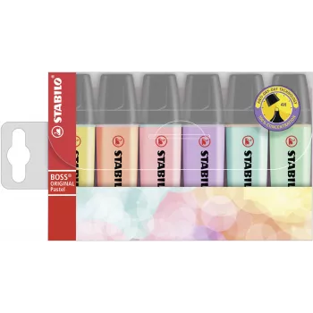 STABILO BOSS ORIGINAL Highlighter Set - 6 Pieces - Pastel Colours Assorted - Chisel Tip - 2 mm / 5 mm - Water-Based Ink