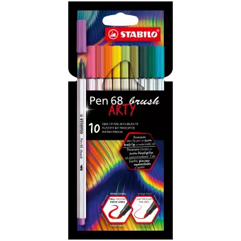 STABILO Pen 68 Brush ARTY Edition Brush Pen Set - 10 Assorted Colours in Cardboard Case