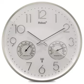 MEBUS 12989 Radio-Controlled Wall Clock with Thermo-Hygrometer, Silver Frame, White Dial, DCF77