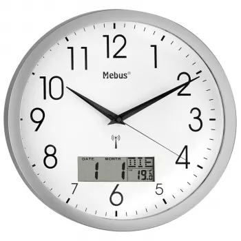 Mebus 19422 Radio-Controlled Wall Clock, Analogue, White Dial, Silver Case, 30 cm