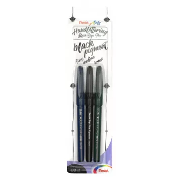 Pentel Arts Sign Pen Brush Calligraphy Brush Pen Set Black 3-Pack