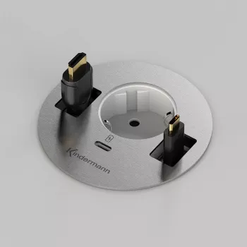 Kindermann CablePort table³ Flush-Mount Table Connection Unit with 2x Schuko, 2x RJ45, 1x HDMI, 1x USB-A, Silver/Black