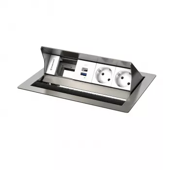 Kindermann CP Standard² VA 4-Way Desktop Connection Panel with 2x Schuko Outlets and 1x USB-A Charging Port, Silver/Black