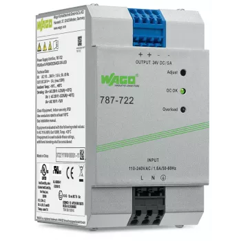 WAGO 787-722 Power Supply, 120 W, 24 V DC, 5 A, DIN Rail, Active PFC
