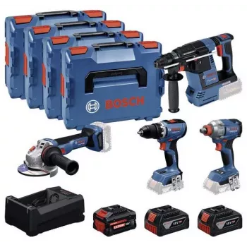 BOSCH POWERTOOLS Combo Kit 18V Cordless Drill Driver, Impact Wrench, Rotary Hammer, Angle Grinder (4-Tool Kit)