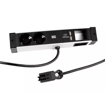 Bachmann DESK Rail Power Strip with 2 Schuko Sockets and 2 USB Charging Ports, 2m Cable, Silver/Black