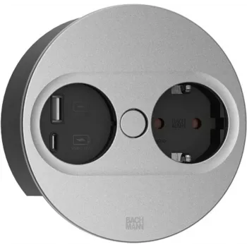 Bachmann TWIST 2 Power Strip with 1x Schuko Socket and 1x USB A/C, 2.0m Cable, Black/Stainless Steel