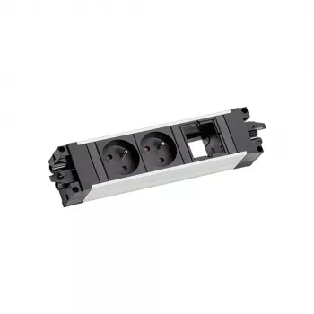 Bachmann 906.0238 STEP ALU Desk Power & Data Module, 2x Type E Sockets, 2x Keystone Slots, 3m Cable, Silver/Black