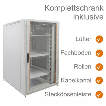 IT-BUDGET 19-inch Network Cabinet SRK Complete Set 27U 800x800mm Glass/Perforated Steel Door 4 Active Fans PDU Shelves Assembled Light Grey (99ITB19SRK2788GGM)