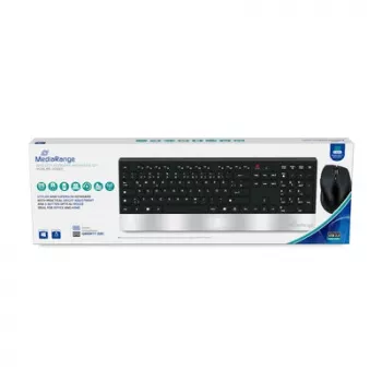 MediaRange Wireless Keyboard and Mouse Set, German (GR) Layout, Full-Size with Numeric Keypad and Fn Keys, 6-Button Mouse with Scroll Wheel and Thumb Buttons, 1000-1600 dpi, Black/Silver (MROS105-GR)