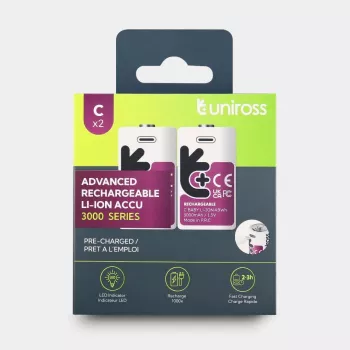 Uniross USB-C C/HR14 Lithium-Ion Battery 3000mAh, 2-Pack