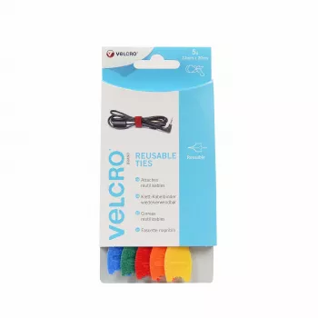 VELCRO VEL-EC60250 hook-and-loop cable ties, mixed colours (blue, green, orange, red, yellow), 20 cm x 12 mm, 5-pack