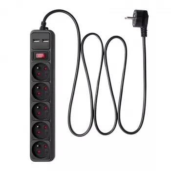 Akyga AK-SP-05U Power Strip with Surge Protection, 5x CEE 7/5 (Type E), 2x USB-A, 1.8 m, Black