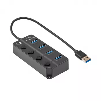 Akyga AK-AD-33 Active USB 3.0 Hub, 4 Ports with Individual Switches, 15 cm, Black
